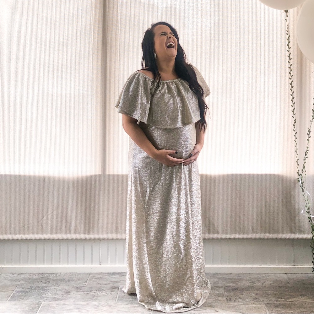 Gold pink blush maternity dress - great for baby shower!